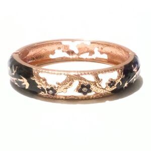 Vintage Jui Long Xing Ornate Floral Design Black Enamel Gold Tone Bangle